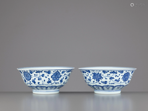 A PAIR OF BLUE/WHITE BOWLS QIANLONG MARK & …