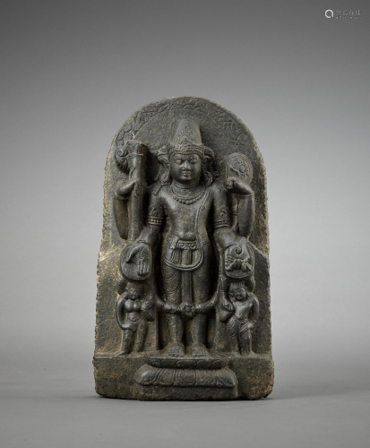 AN INDIAN BLACK STONE STELE OF VISHNU, LA…