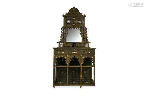 A CARVED HARDWOOD BONE-INLAID SYRIAN HANGING MIRROR AND CUPBOARD