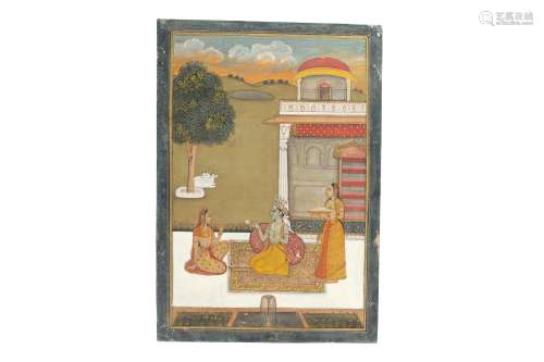 KRISHNA WITH RADHA AND AN ATTENDANT AT SUNSET
