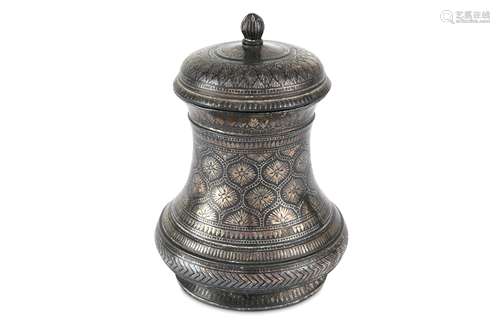 A SMALL BIDRI SILVER-INLAID LIDDED VASE