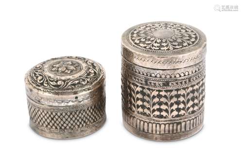 TWO SILVER REPOUSSÉ LIDDED BETEL BOXES