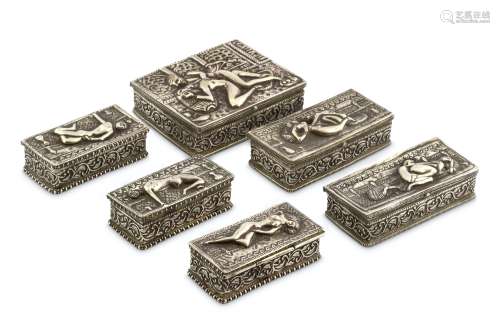 SIX SILVER REPOUSSÉ LIDDED BOXES WITH EROTIC SCENES