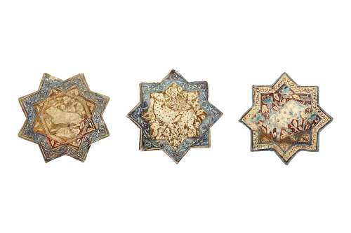 THREE COBALT BLUE AND LUSTRE-PAINTED STAR POTTERY TILES PROPERTY OF THE LATE BRUNO CARUSO (1927 -