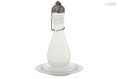 A CLEAR BRILLIANT-CUT GLASS DECANTER WITH SAUCER MADE FOR THE INDIAN EXPORT MARKET