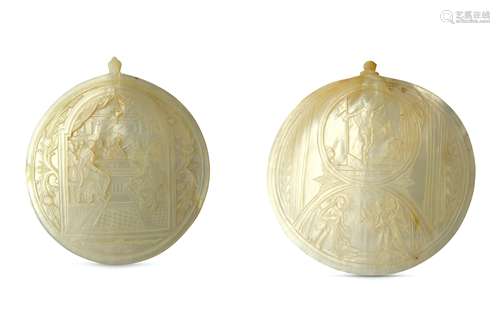 λ TWO CARVED MOTHER-OF-PEARL SHELL PLAQUES WITH CHRISTIAN SCENE