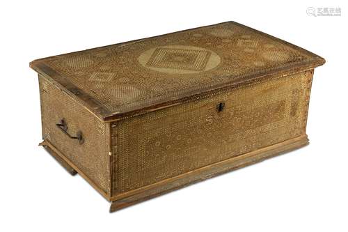 λ AN HISPANO-MORESQUE MUDEJAR IVORY AND BONE-INLAID WALNUT CHEST