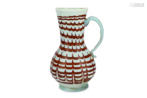 A RED-ENAMELLED OPALESCENT WHITE BLOWN GLASS JUG