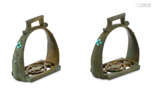 A PAIR OF TURQUOISE-ENCRUSTED BRONZE STIRRUPS
