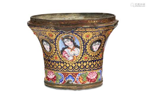 *A QAJAR GOLD AND POLYCHROME-ENAMELLED COPPER QALYAN CUP