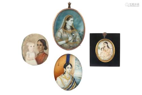 λ FOUR INDIAN IVORY MINIATURES WITH FEMALE PORTRAITS