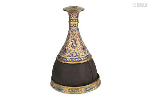 *A QAJAR POLYCHROME-ENAMELLED COPPER AND LEATHER QALYAN BOTTLE WITH MATCHING BASE