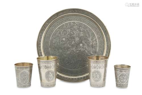A SILVER CIRCULAR TRAY AND FOUR BEAKERS