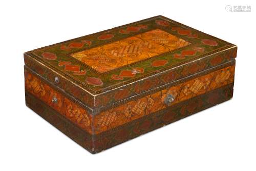 *A QAJAR LACQUERED PAPIER-MÂCHÉ WOODEN CASKET WITH ABU TALEB-STYLE MARBLED DECORATION