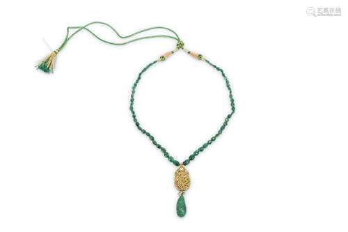 A NECKLACE WITH EMERALD BEADS AND AN ENAMELLED DIAMOND-ENCRUSTED PENDANT