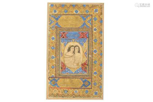 *A QAJAR MURAQQA' PAGE: TWO LADIES WITH A BAGPIPE
