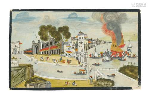 A HARBOUR SCENE WITH A BURNING MERCHANT FLEET