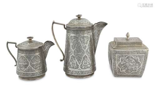 A SET OF SILVER TEA CADDY, LIDDED CREAMER AND COFFEE POT