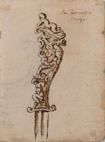FLORENTINE SCHOOLLATE SIXTEENTH CENTURY Ornamental studyfor the custody of a sword Pen and brown ink, brown wash on black pencil strokes19.5 x 14.5 cmUnreadable annotations in the upper right corner 