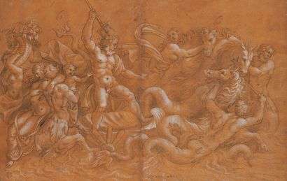 SCHOOL OF GIULIO ROMANO(ROME 1499 - 1546) Neptune's Triumph Pen and black ink, grey wash and white gouache highlights on orange prepared paper 32.5 x 50.5 cm Annotated 