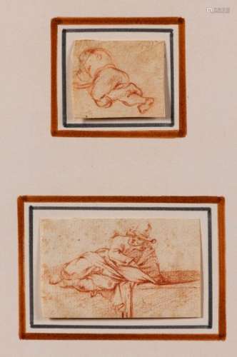 CALLOT JACQUES ENTOURAGE (NANCY 1592 - 1635)Two studies on the same mon-tage: elongated figures3.5 x 4cm; 4.5 x 7 cmMounting dimensions 31 x 24 cmLined, small folds, small stainsA study of a figure facing left to the sanguine (8.5 x 3.4 cm) is attached.