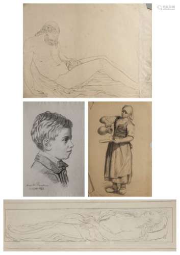 FRENCH SCHOOL OF THE NINETEENTH CENTURYSet of drawings :- Studies according to the Antiquity and the Old Masters,- Statue heads, portraits...Black pencil, san-guineMiscellaneous FormatsSome of them signed and dated Louise de Baudicour 1891 or Marie de Baudicour 1879.