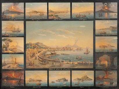 NAPOLITAN SchoolViews of Naples and Vesuvius in seventeen miniatures.Gouache.47 x 62cm