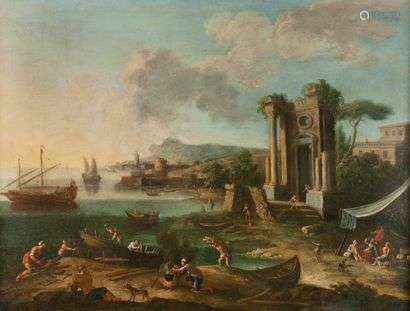 Nicola VISO(Active in Naples 1724-1742) Ruin by the sea Canvas, signed lower right. 77 x 102 (Restorations)
