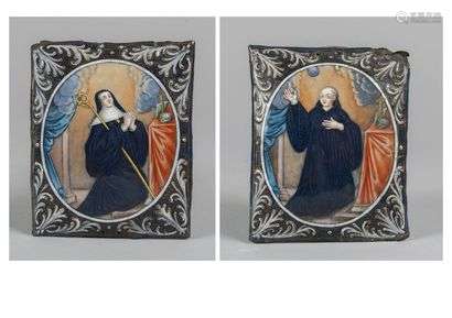 TWO RECTANGULAR SHEETS in enamel on copper with a medallion of Saint Benedict and Saint Scholastica in prayer surrounded by foliated scrolls in relief underlined by gold highlights.Limoges, late 17th-early 18th century.14 x 12 cm(Accidents and misses, small deformations)