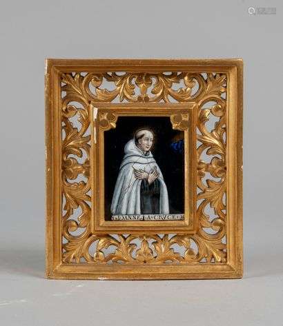 Enamel on copper plate painted with the portrait of Saint John of the Cross.Limoges, 17th century.10 x 8 cm(Accidents and misses, cracks)In a gilded wooden frame with openwork decoration of leafy staples.