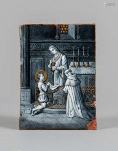 RECTANGULAR PLATE in copper on enamel representing a young man, kneeling, receiving communion.Limoges, 19th century.14 x 10 cm(Accidents and misses)