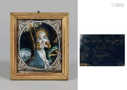 JACQUES I LAUDIN, ATTRIBUTE A.Enamel on copper painted in polychrome with the portrait of Saint Genevieve in a medallion marked with spandrels of leafy staples in re-relief.Titled at the bottom.Monogrammed and signed on the back: Laudun au fauxbourgs / De Ma-gnine / à Limoges / IL.13 x 11 cm(Accidents and misses)