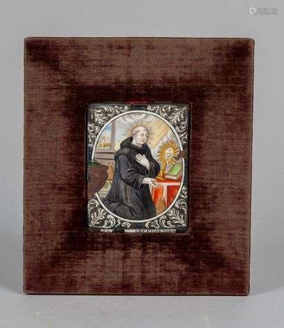 Rectangular enamel on copper plate with a medallion of Saint Bernardine, Italian preacher, known as the Apostle of Italy. The spandrels are decorated with leafy rinses. Inscription SAINT BERNARDIN an entablature.Limoges, 17th century.13 x 9.5 cm(Accidents and glaze jumps)