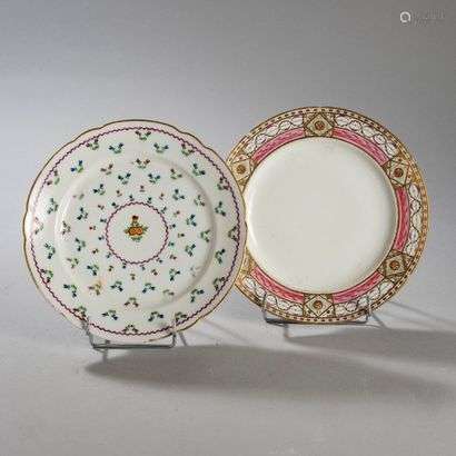 PARISTwo porcelain plates with polychrome decoration, one of seedlings and carmine ribbon, the other of a braid on the wing formed of rosettes, ribbons and garland of pink foliage.One marked A crowned, the other Nast.Late 18th century, early 19th century. Diameter : 24 cm(Shrapnel and wear)