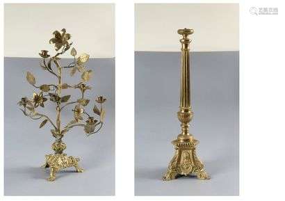 Altar candlestick in gilt bronze. A gilded metal candle pick is attached to it, mounted as a lamp.