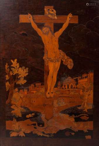 Inlaid panel with a crucifixion scene decoration 70 x 43.5 cm