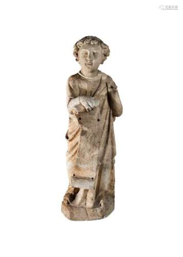 Character holding a PhylacteryLimestone statuette.East of France XIVth centuryHigh. Height: 48 cm - Width: 16 cm(Head glued back on, some restorations)