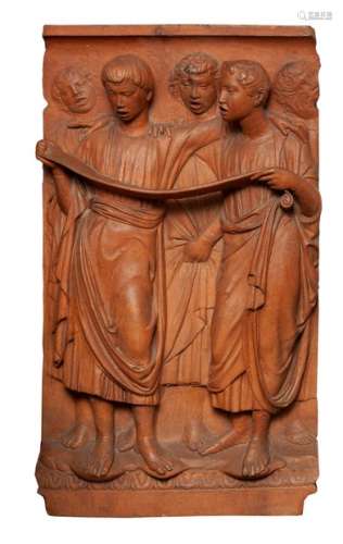 According to Luca DELLA ROBBIALes chanteurs, the CantoriaRelief in terracotta.104 x 61 cm(Small splinters)Luca della Robbia's Cantoria is the name given to a famous work of the Italian Renaissance. Intended for the sacristy of the Cathedral of Santa Maria Del Fiore in Florence, this organ balcony where ten singers can stand is decorated with ten sculpted marble panels. A reconstruction of this balcony with the fragments preserved is today visible at the Museo dell'Opera del Duomo in Florence.Our relief is a reprise of panel n°6 of this sculpted ensemble.