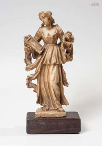 Allegory of Fate Alabaster sconce statue, She is holding the bronze table (or her stops are engraved) in her right arm, and a rope (symbol of good or bad luck) in her left hand. Sicily, Workshops of Trapani, 17th century. H.29 cmA few scratches, mounted on a wooden base.