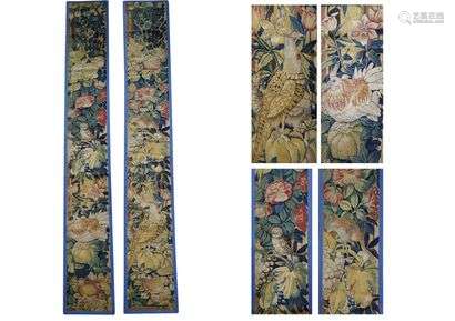 Tapestry of Flanders, 3rd quarter of the 16th centuryTwo tapestry borders decorated with birds, fruits and flowers, all made up of a background of flowering branches.323 x 43 cm(Good general condition