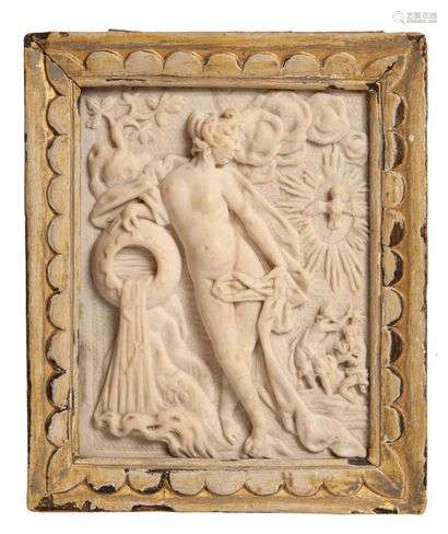 According to Hendrick GOLT ZIUS(1558-1617)Water AllegoryLow relief carved alabaster plateSouthern Netherlands, 17th centuryHigh. 14,5 cm - Width : 11,5 cm