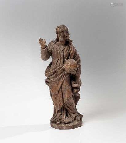 Salvator Mundi,Statuette in naturalwood The standing Christ carrying the orb in the left hand and blessing in the dexter.North of France 17th centuryH. 22 cm