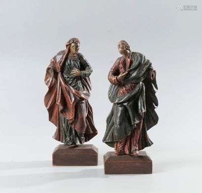 The Virgin and St. John on Calvary, Pair of wall light statuettes in polychromed wood, East of France at the end of the 17th century, High. : 23 cm Accidents