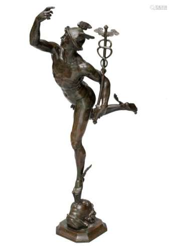 Giacomo ZOFFOLI (1731 - 1785)Based on a model by Jean de BOLOGNEknown as GIAMBOLOGNA (1529 - 1608)Flying MercuryBronze with a shaded patina.Registration on the base of the foundryman: G. ZOFFOLI.FItaly, second half of the eighteenth century.Top. Height : 53 cm (Patina wears)
