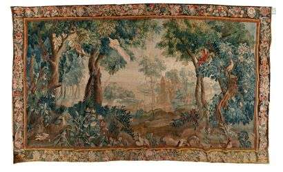 AUBUSSONTapestry with foreground decorationof birds in trees and in the background of a farm in a landscape.Beautiful border decorated with garlands of flowers, staples and shells.18th century.(Recut, wear, restorations)248 x 422 cm