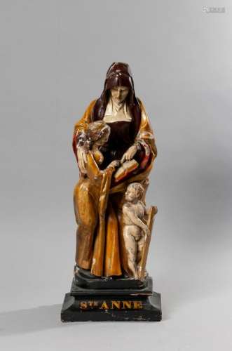 Carved oak and ploychrome group depicting the education of the virgin by Saint Anne.Popular Art XVIIIth and XIXthHigh. : 59 cm(restorations)