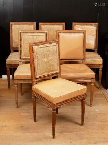 Suite of six natural wood molded chairs with square backs. They stand on four tapered fluted legs, roughened at the front.Stamp N. PRN for the sculptor Nicolas Poirion.Louis XVI period.Height : 87,5 cm - Width : 47 cmDepth: 42 cm