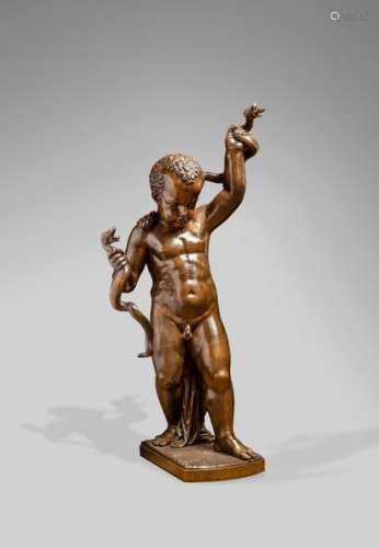 Jean-Baptiste dit Auguste CLESINGER (1814-1883) & House MARNYHACChild Hercules choking snakesBronze proof with a brown patina, forming a fountain, signed and titled on the base and inscribed House.Marnyhac.Height: 106 cm - Width: 48 cm - Depth: 37 cmMARNYHAC, commercial name of the Société des Marbres et Bronzes Artistiques de Paris directed by Charles de Marnyhac and installed in Paris at the end of the 19th century, avenue de l'Opéra in Paris, then rue de la Paix. Specialized in the realization of luxury objects, it closed its doors around 1910. Lot presented by Mr Philippe Commenges