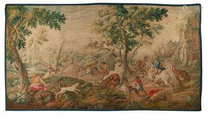 AUBUSSONLarge fragment of tapestry depicting a deer hunt.18th century.260 x 460 cm(Without borders and blue braid added / Restored and lined)