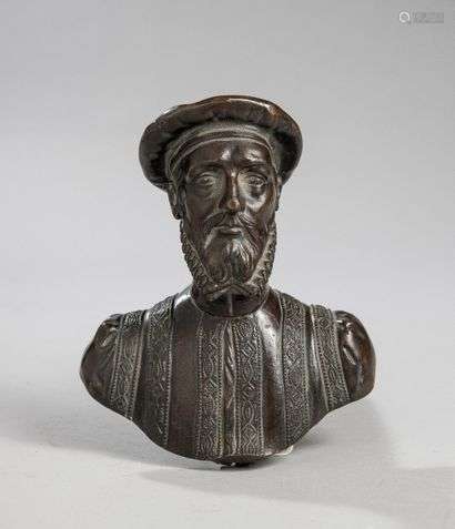 Bust in patinated bronze featuring Bernard Palissy.High. 16 cm high